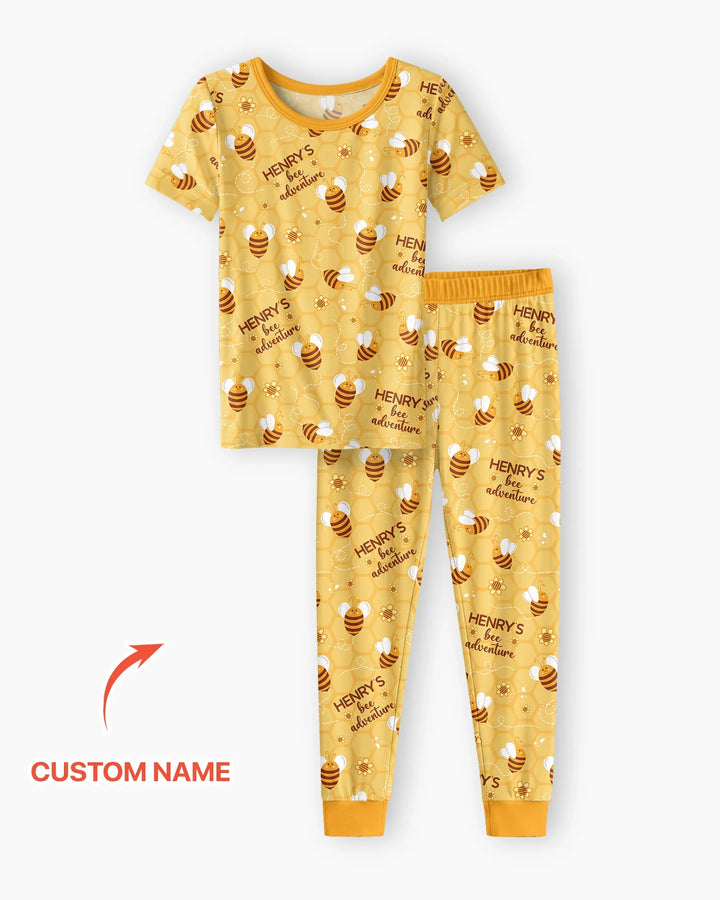 Custom Name Bee Back To School Bamboo Two Piece Short Sleeve Pajama Set