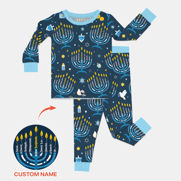 Hanukkah Custom Name Two Piece Long Sleeve Pajama Set