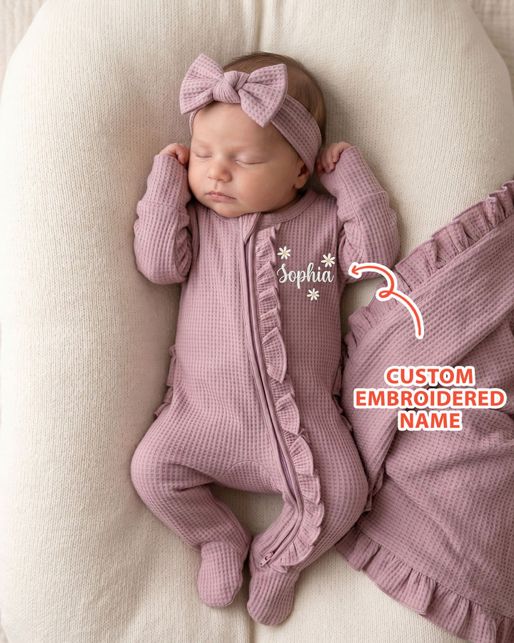 Custom Name With Daisy Embroidered Waffle Ruffle Bamboo Zipper Footie