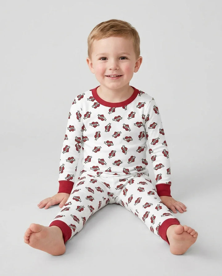 Old School Dad Hearts Daddy & Me Matching Bamboo Two Piece Long Sleeve Pajama Set