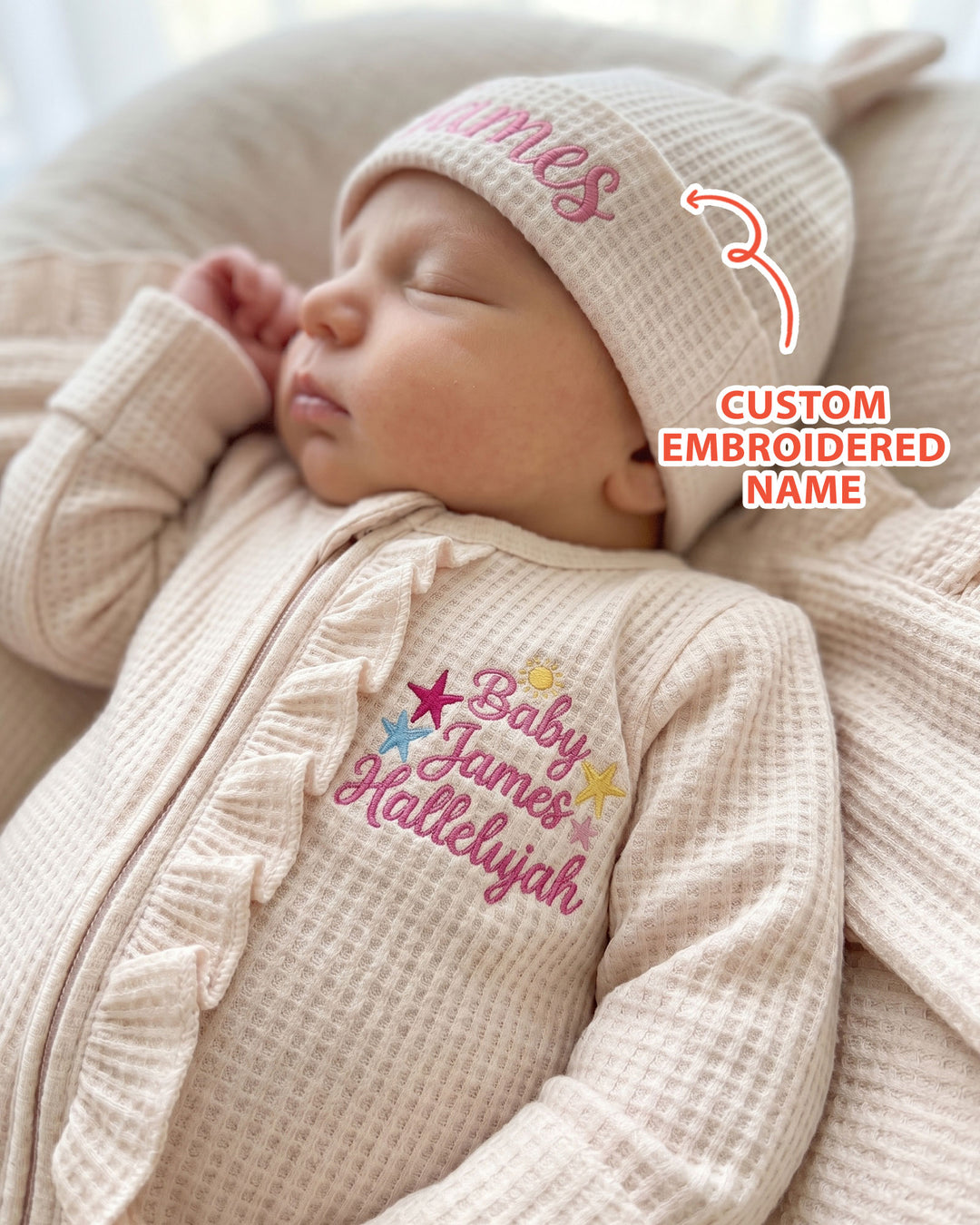 Personalized Baby Hallelujah Embroidered Waffle Ruffle Bamboo Zipper Footie