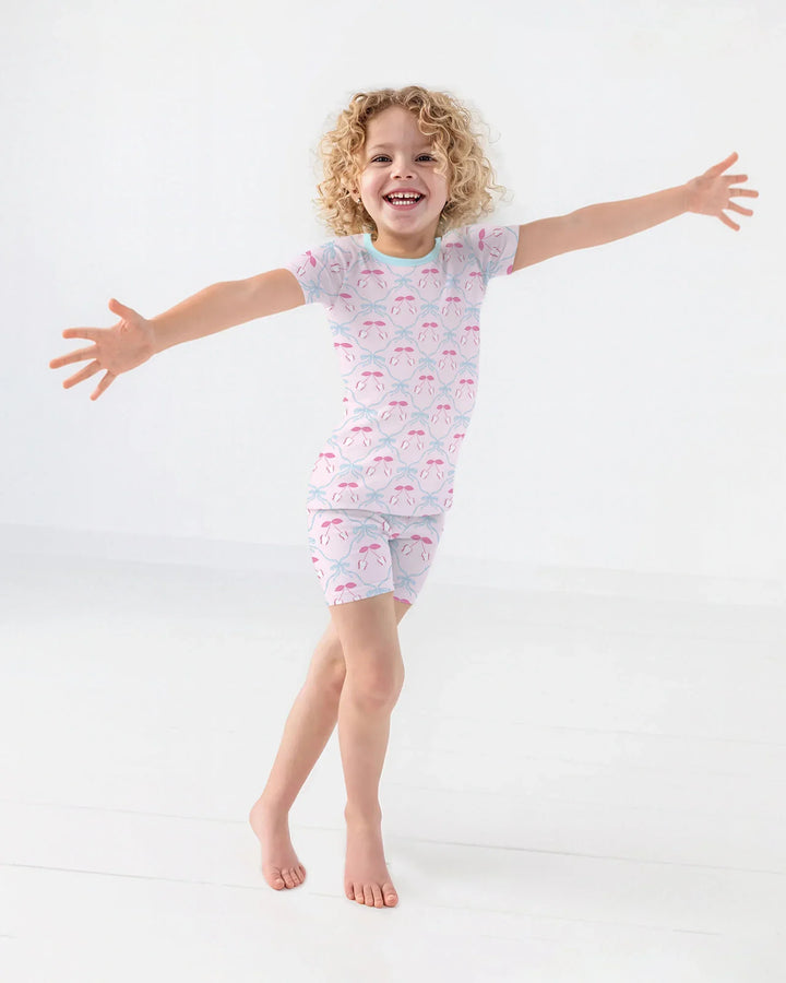 Pijama de dos piezas de bambú de manga corta con pantalones cortos a juego para madre e hija, diseño de béisbol y sóftbol de cerezas
