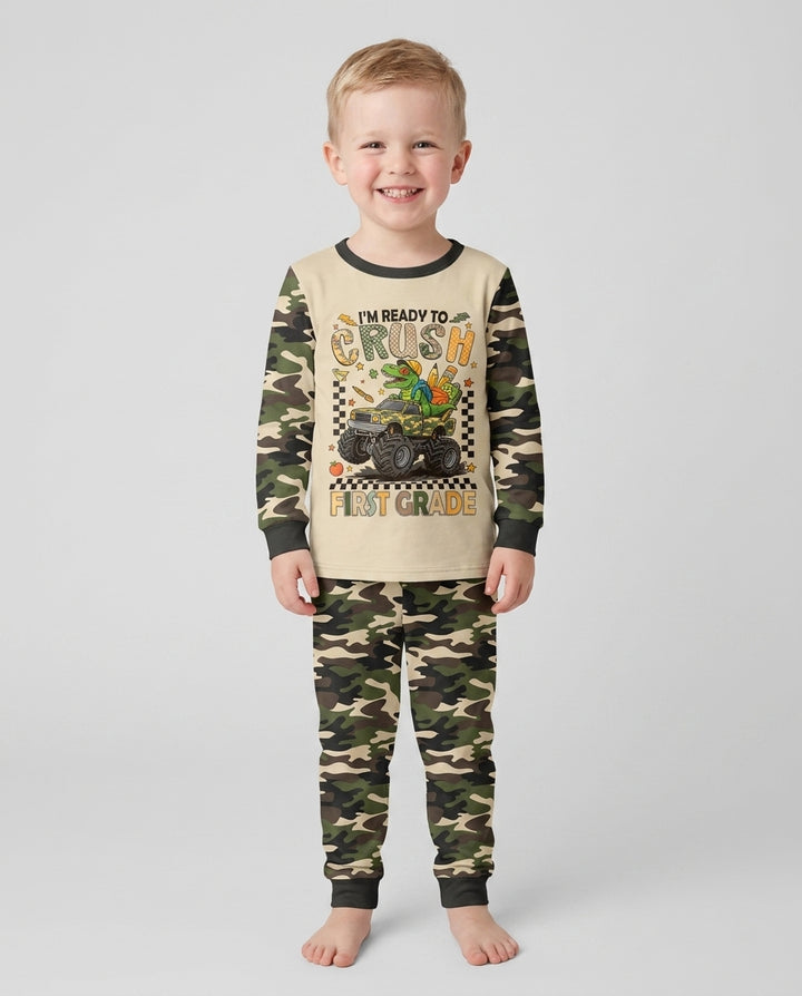 Back To School Monster Truck Dino Bamboo Two Piece Long Sleeve Pajama Set