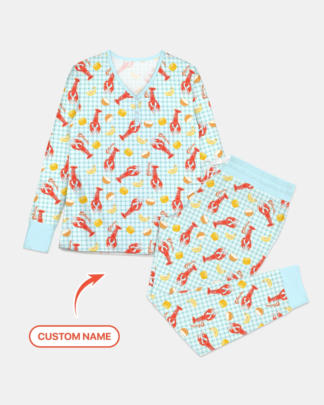 Conjunto de Pijama de Bambú para Mujer de Temporada de Cangrejos Preppy con Nombre Personalizado
