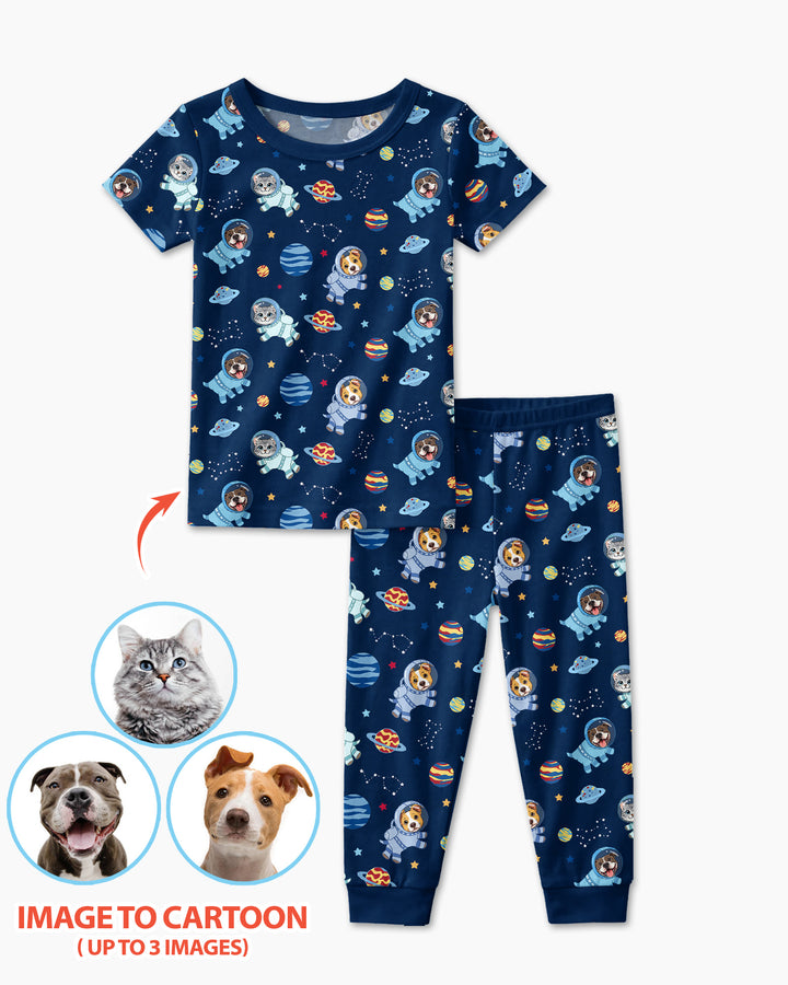Astronaut Custom Pet Image Family Matching Bamboo Two Piece Short Sleeve Pajama Set