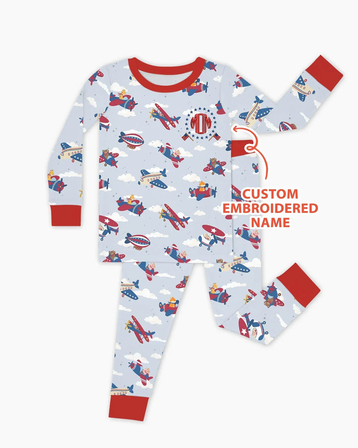 Custom Name Embroidered American Pilot  Bamboo Two Piece Long Sleeve Pajama Set