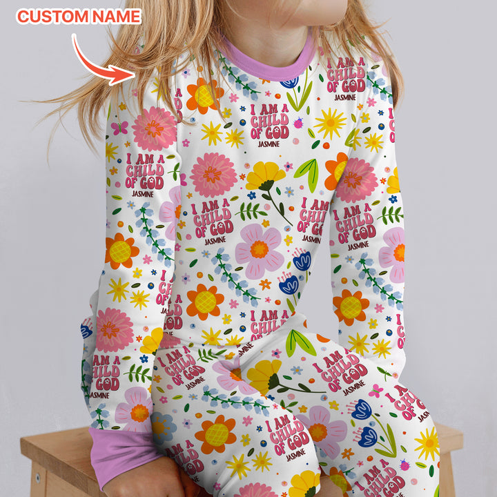 I Am A Child Of God Custom Name Girl  Two Piece Long Sleeve Pajama Set