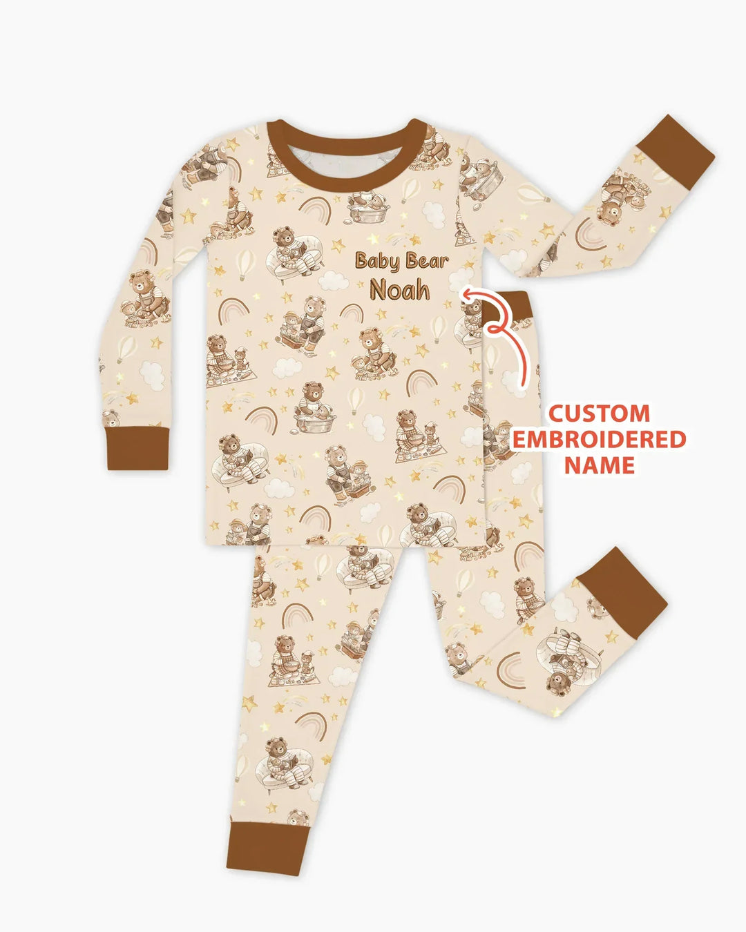 Custom Embroidered Name Mama Bear and Baby Bear Bamboo Two Piece Long Sleeve Pajama Set