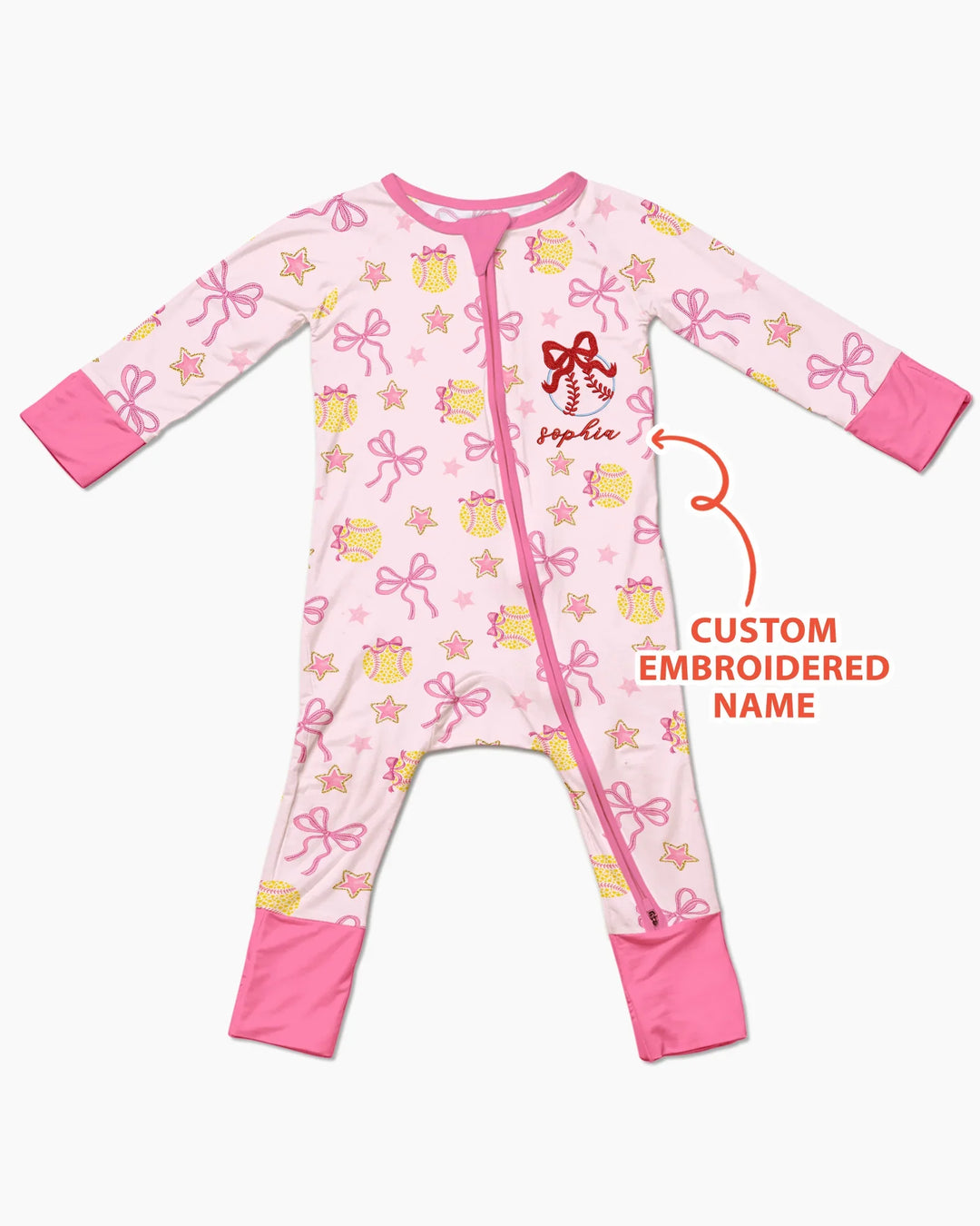 Custom Name Embroidered Softball Bow Baby Bamboo Convertible Zippy
