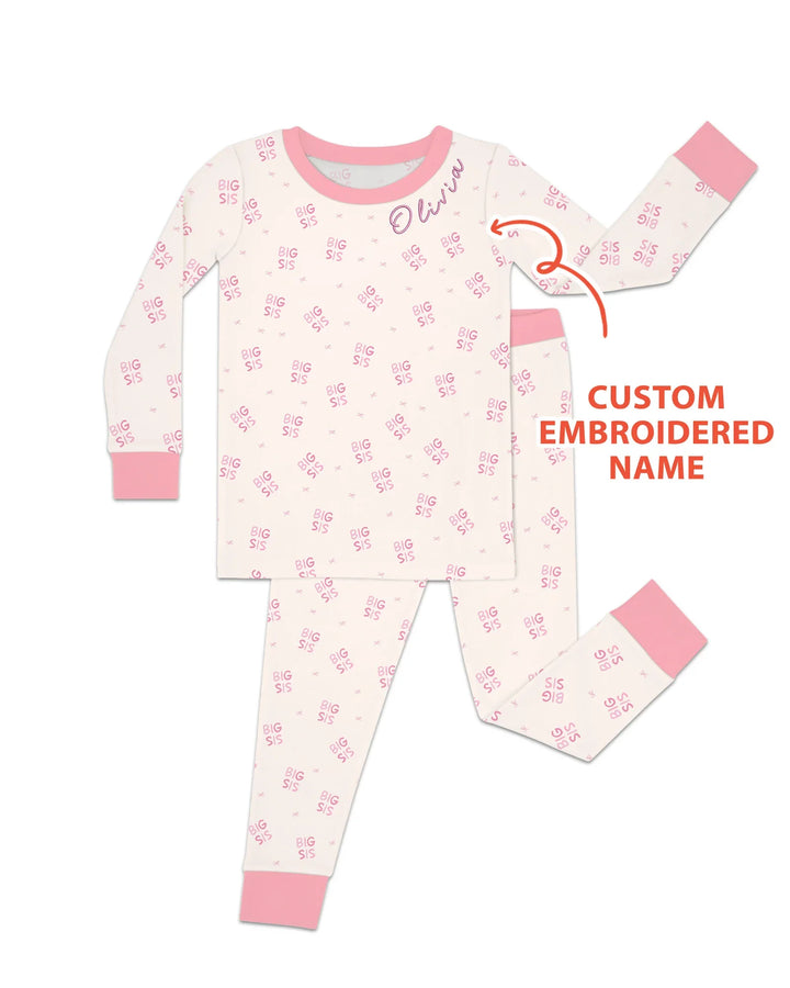 Conjunto de pijama de dos piezas de bambú con mangas largas y nombre bordado a medida para hermana mayor