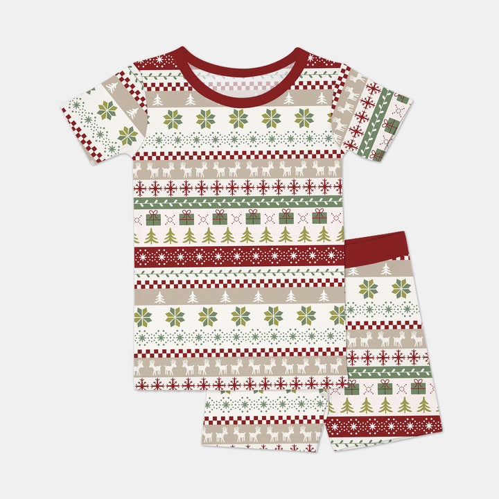 Christmas Fair Isle Red and Green Two Piece Short Sleeve Shorts Pajama Set