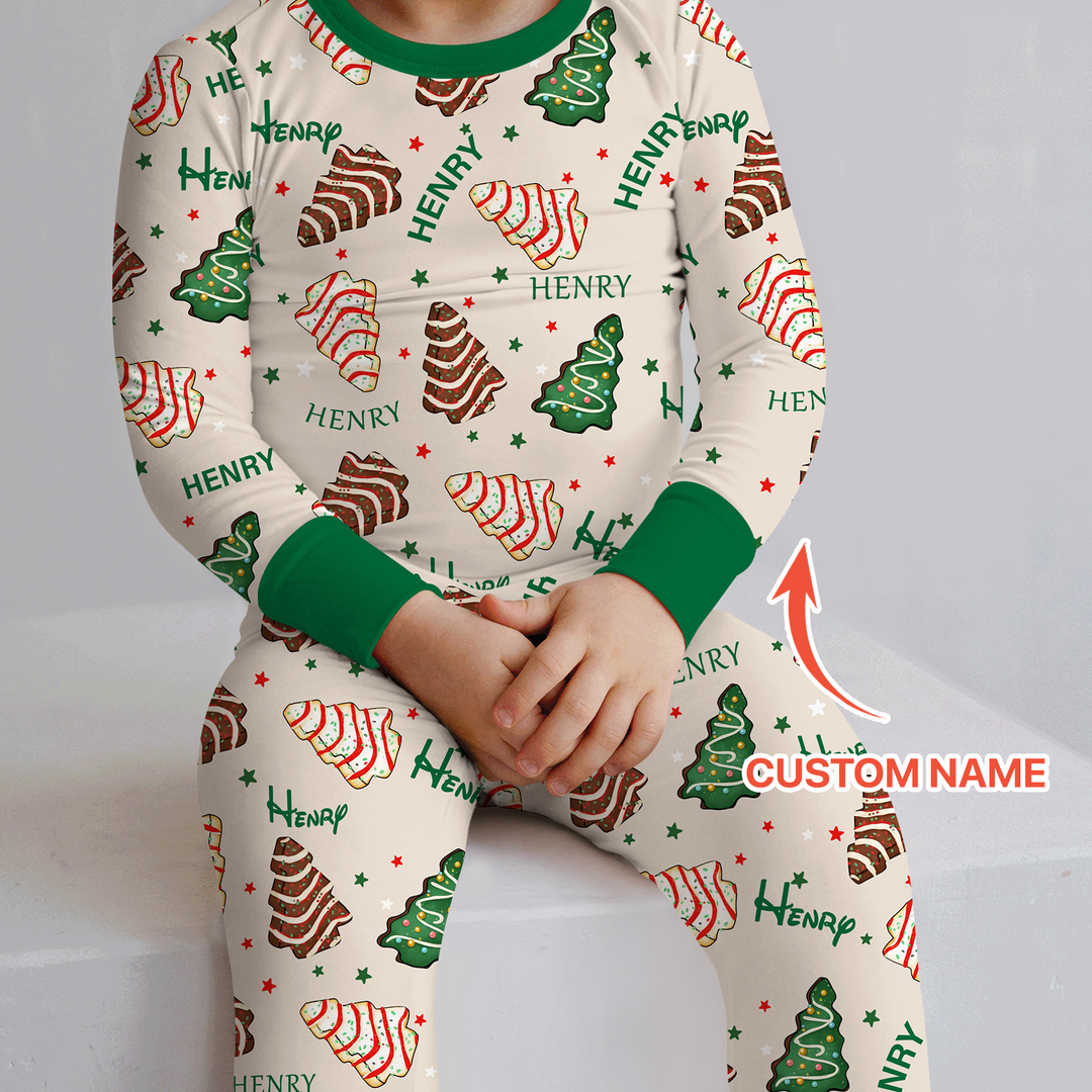 Christmas Tree Cake Custom Name Two Piece Long Sleeve Pajama Set