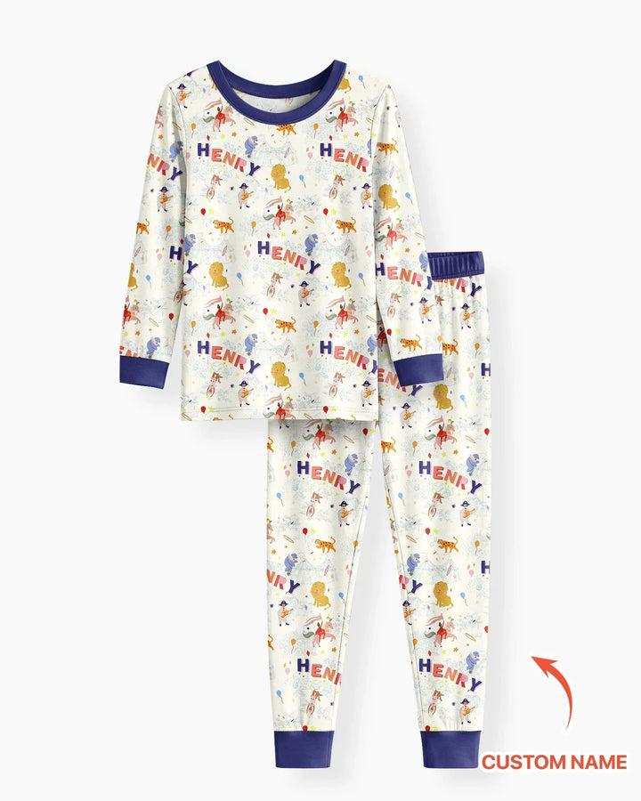 Custom Name Circus Toile Bamboo Two Piece Long Sleeve Pajama Set