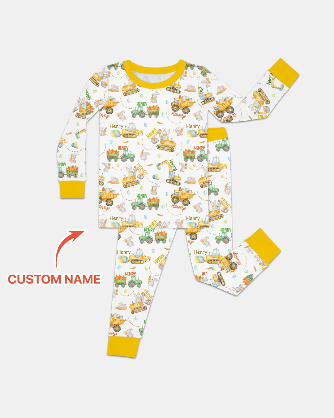 Easter Construction Vehicles Custom Name Two Piece Long Sleeve Pajama Set