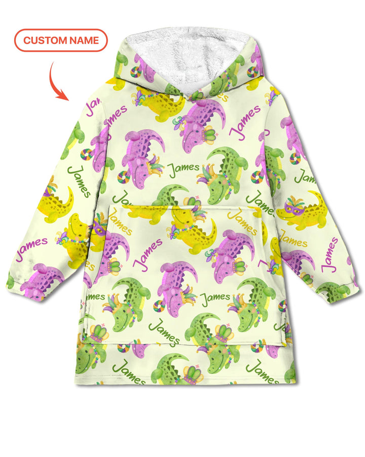 Custom Name Mardi Gras Alligator Wearable Blanket Hoodie