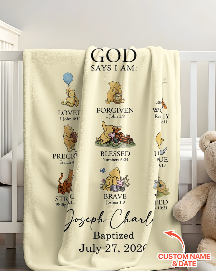 Personalized Baptism Classic Bear Bible Verses Bamboo Blanket