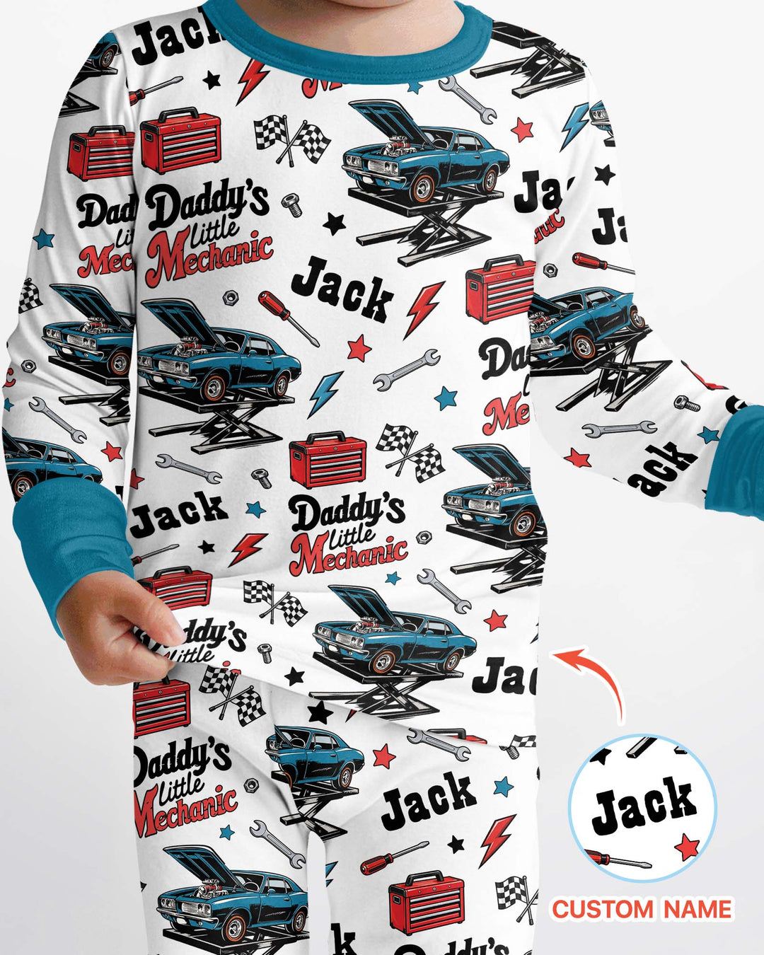 Custom Name Daddy's Little Mechanic Bamboo Two Piece Long Sleeve Pajama Set