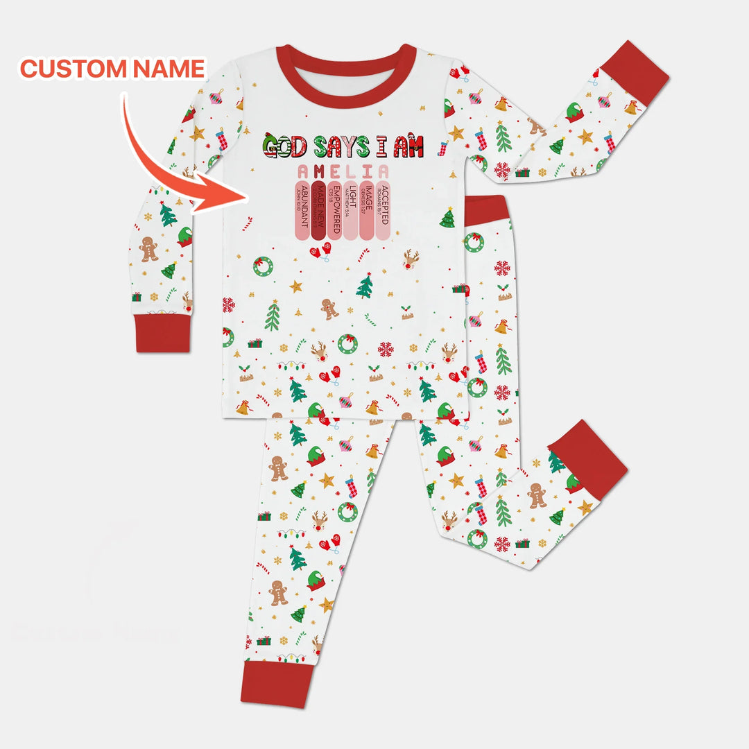 Christmas Blessings God Says I Am Custom Name Two Piece Long Sleeve Pajama Set , Christmas Blessings God Says I Am Custom Name Two Piece Long Sleeve Pajama Set - 12-18M