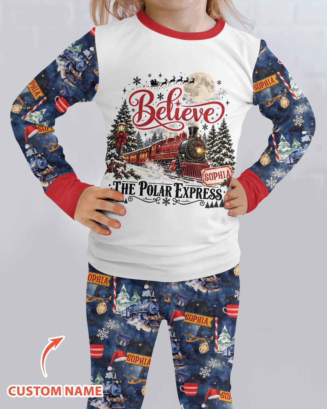 Believe North Pole Train Custom Name  Bamboo Two Piece Long Sleeve Pajama Set