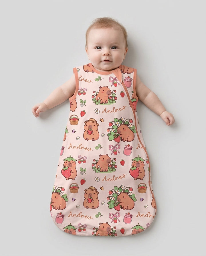 Custom Name Capybara Strawberry Bamboo Sleep Bag