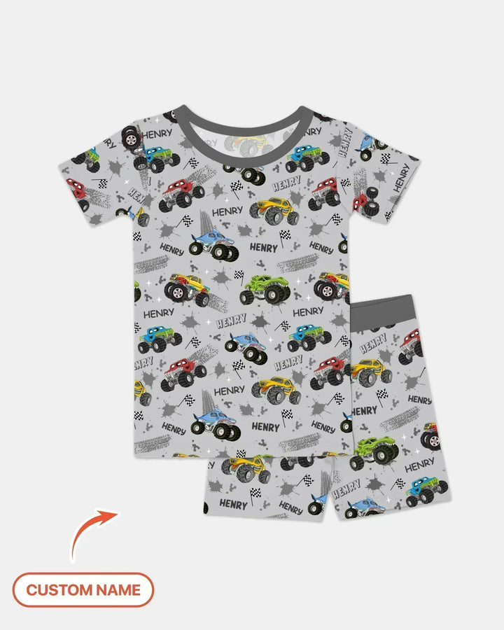 Monster Truck Dirt Jam Custom Name Daddy & Me Matching Two Piece Short Sleeve Shorts Pajama Set