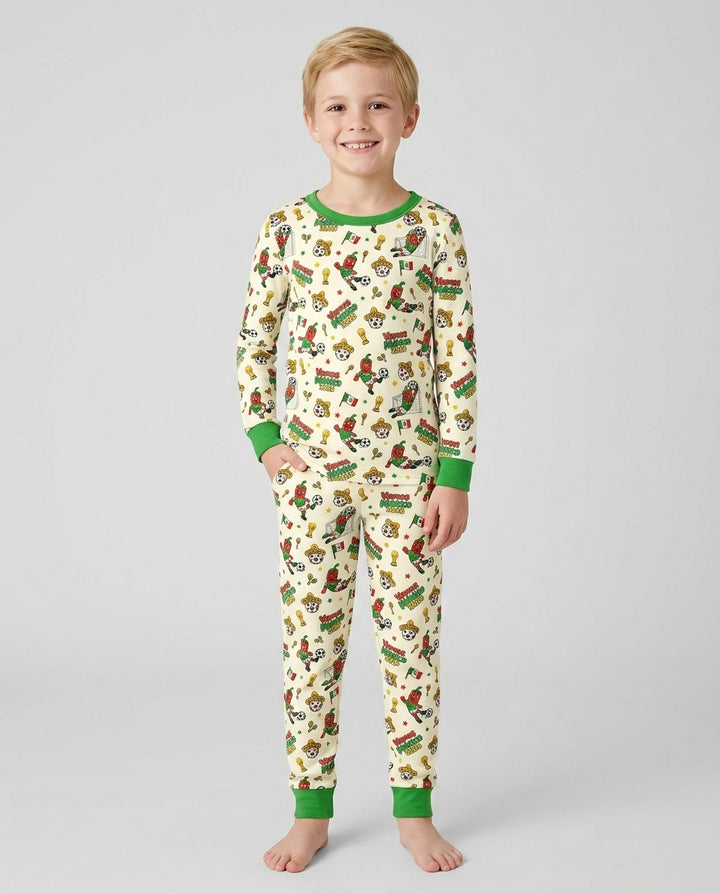 Cartoon World Soccer Vamos Mexico Family Matching Bamboo Two Piece Long Sleeve Pajama Set