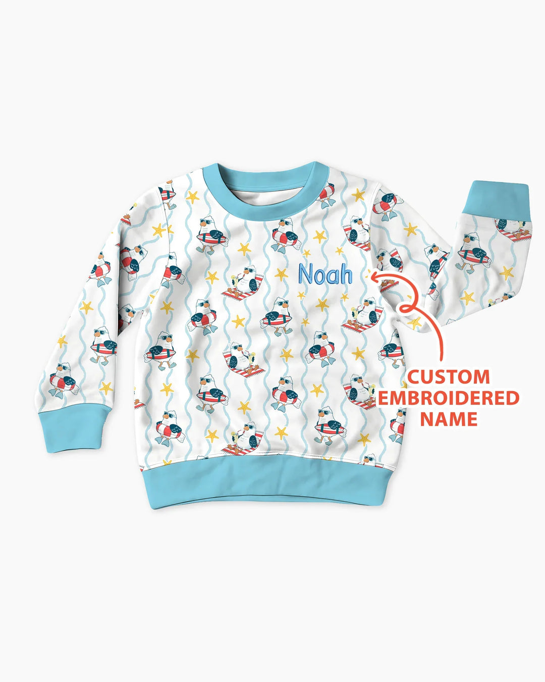 Sudadera de cuello redondo de bambú personalizada con gaviota de verano bordada para bebé