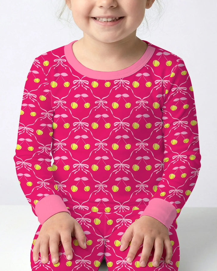 Cherry Baseball Softball Mom and Girl Matching Bamboo Two Piece Long Sleeve Pajama Set