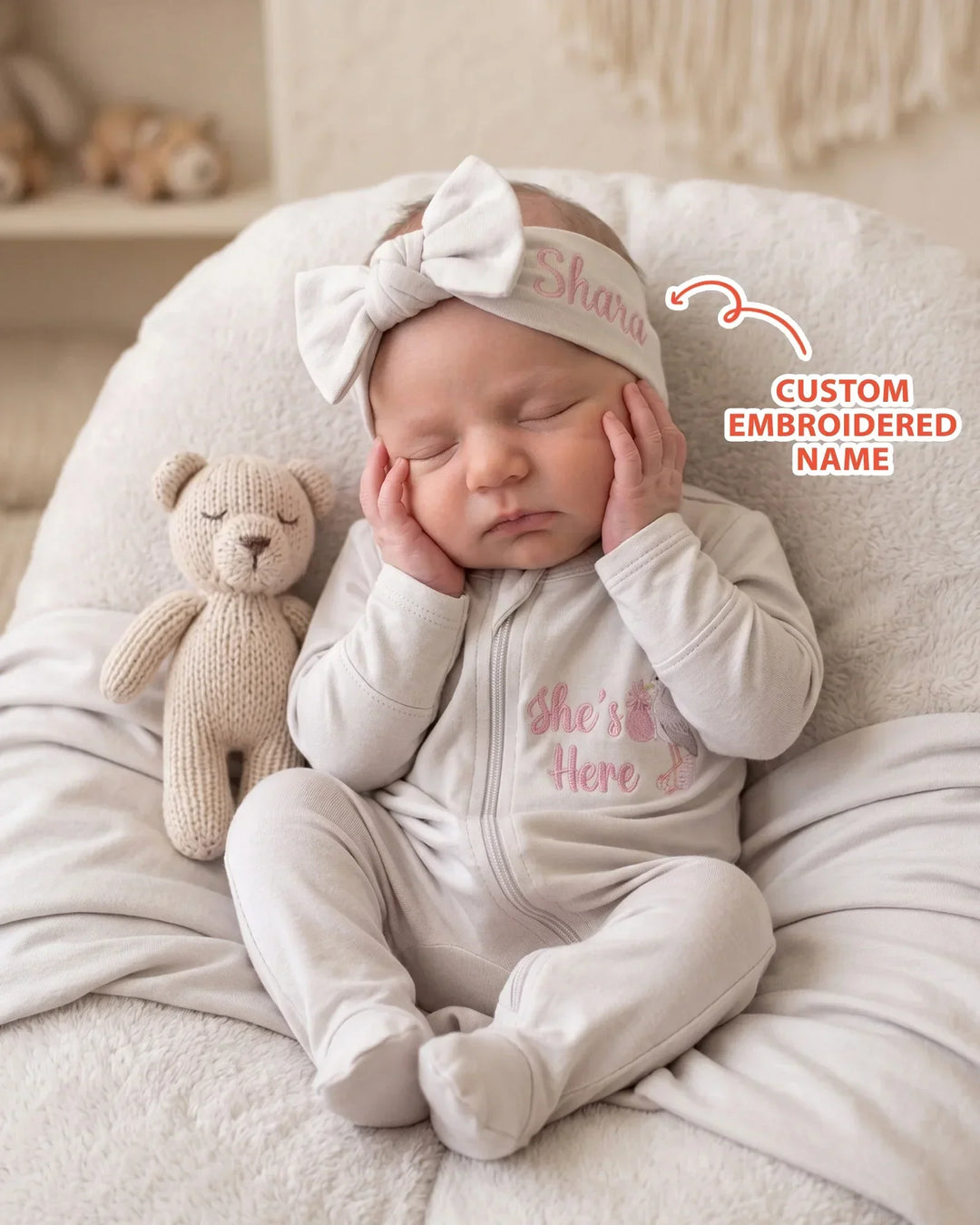 Personalized She's Here Embroidered Bamboo Headband