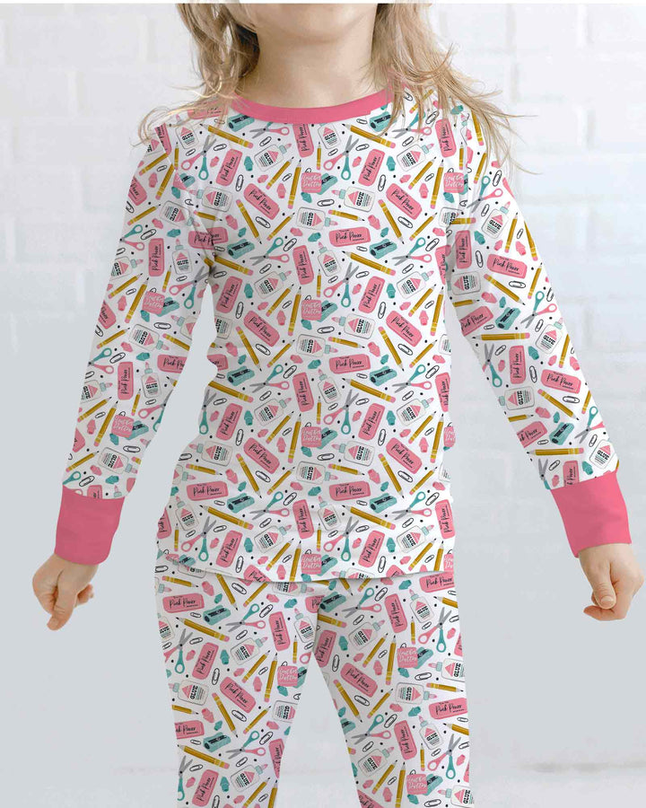 Pink Power School Supplies Bamboo Two Piece Long Sleeve Pajama Set