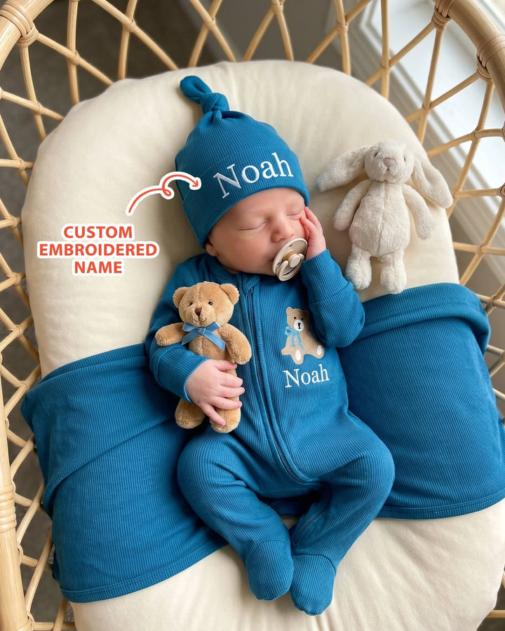 Personalized Teddy Bear Embroidered Ribbed Bamboo Hat