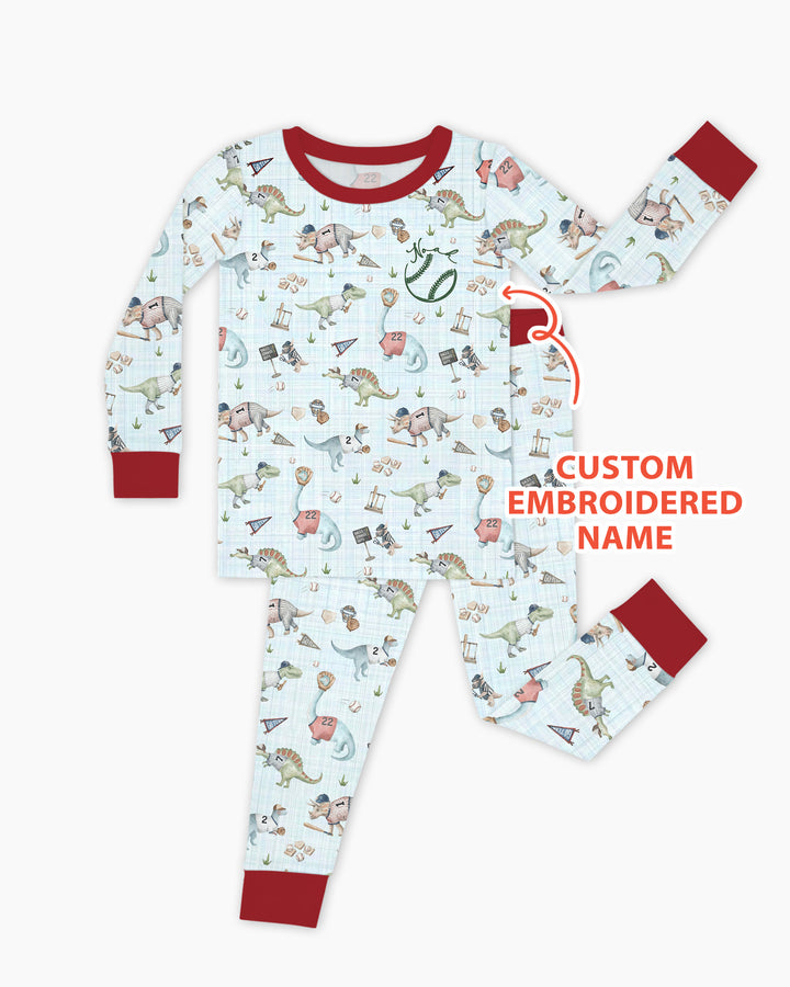 Custom Embroidered Dinosaurs Baseball  Bamboo Two Piece Long Sleeve Pajama Set
