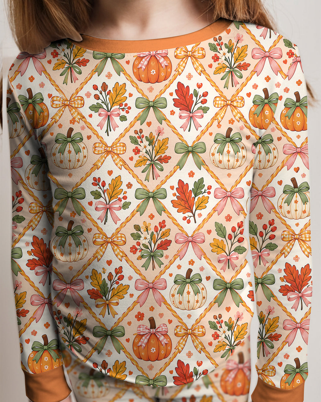 Retro Fall Pumpkin Bow Bamboo Two Piece Long Sleeve Pajama Set