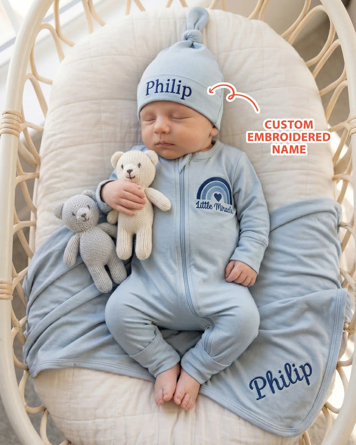 Personalized Little Miracle Blue Embroidered Bamboo Blanket