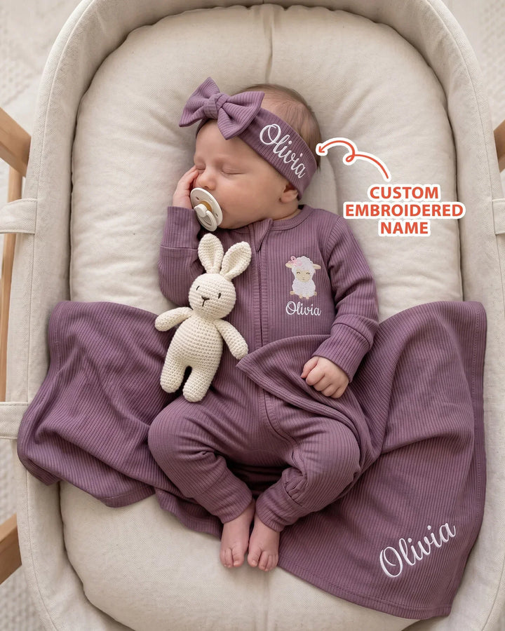 Personalized Baby Sheep Embroidered Ribbed Bamboo Blanket