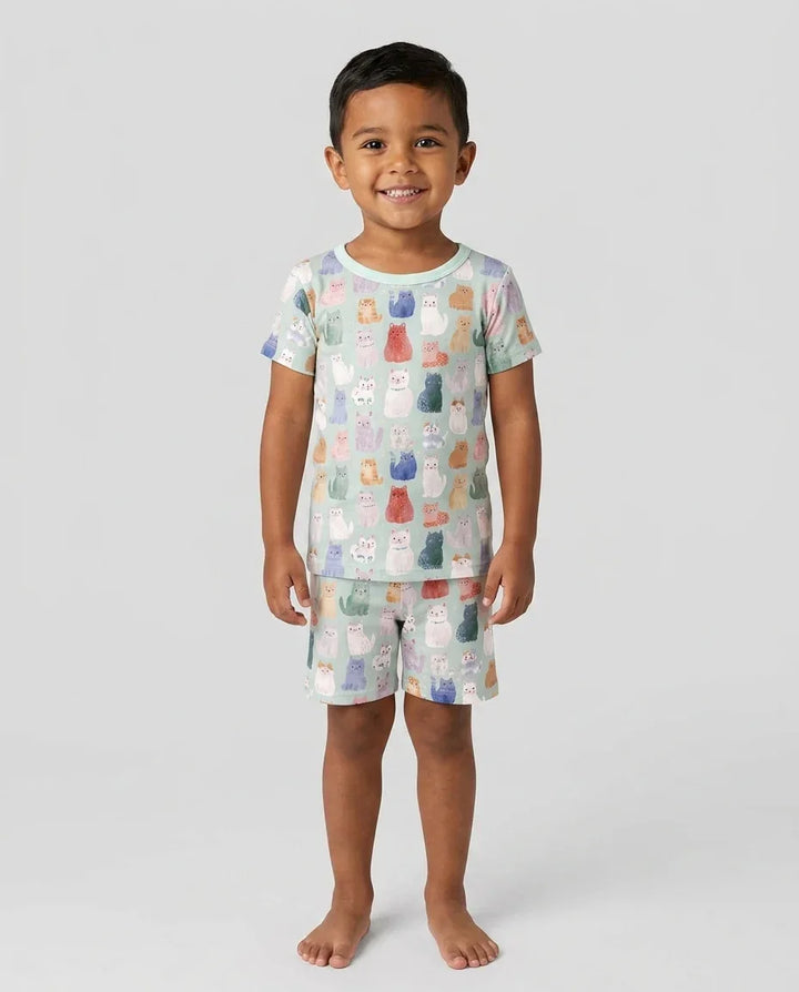Enchanted Happy Kitty Family Matching Bamboo Two Piece Short Sleeve Shorts Pajama Set