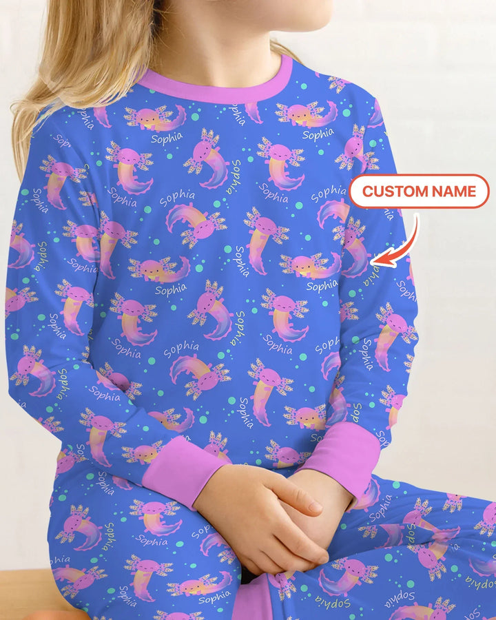Pijama de dos piezas de manga larga de bambú con nombre personalizado y diseño de ajolote que brilla en la oscuridad