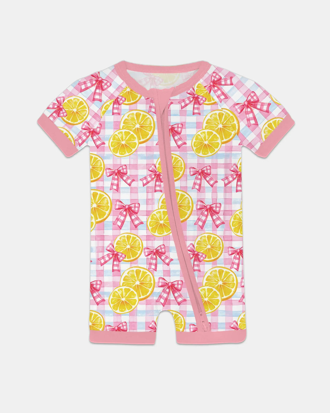 Arco a Cuadros de Limones Rosas - Pijama Corto con Cremallera de Bambú