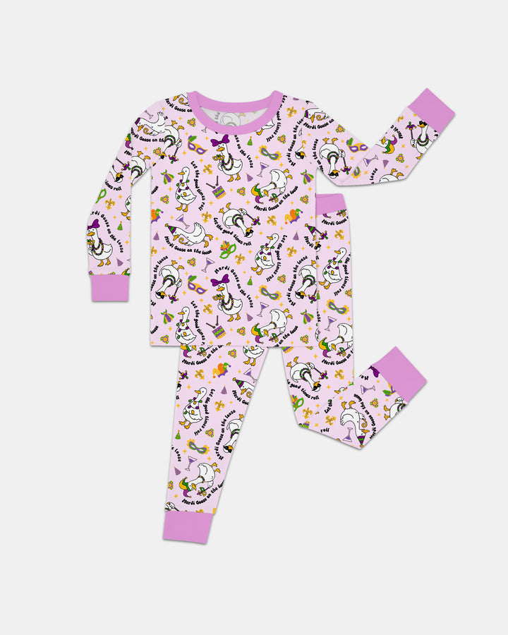 Mardi Gras Silly Goose Two Piece Long Sleeve Pajama Set