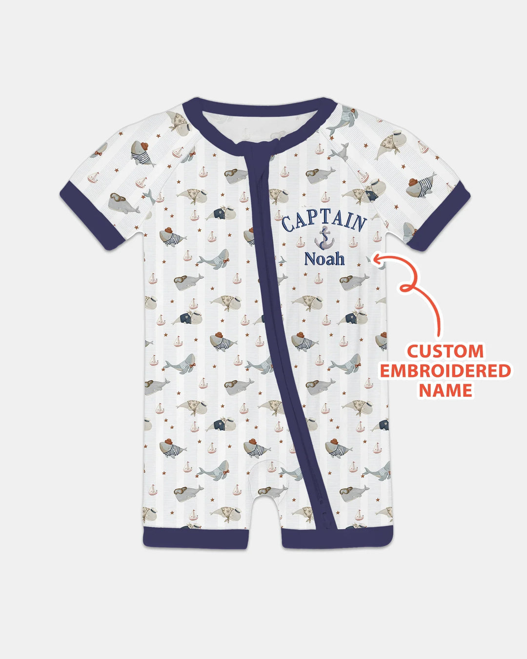 Custom Embroidered Name Little Captain of the Whale Crew Bamboo Shorty Zippy