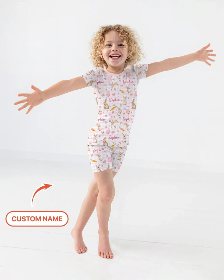 Custom Name Bunny Garden Two Piece Short Sleeve Shorts Pajama Set