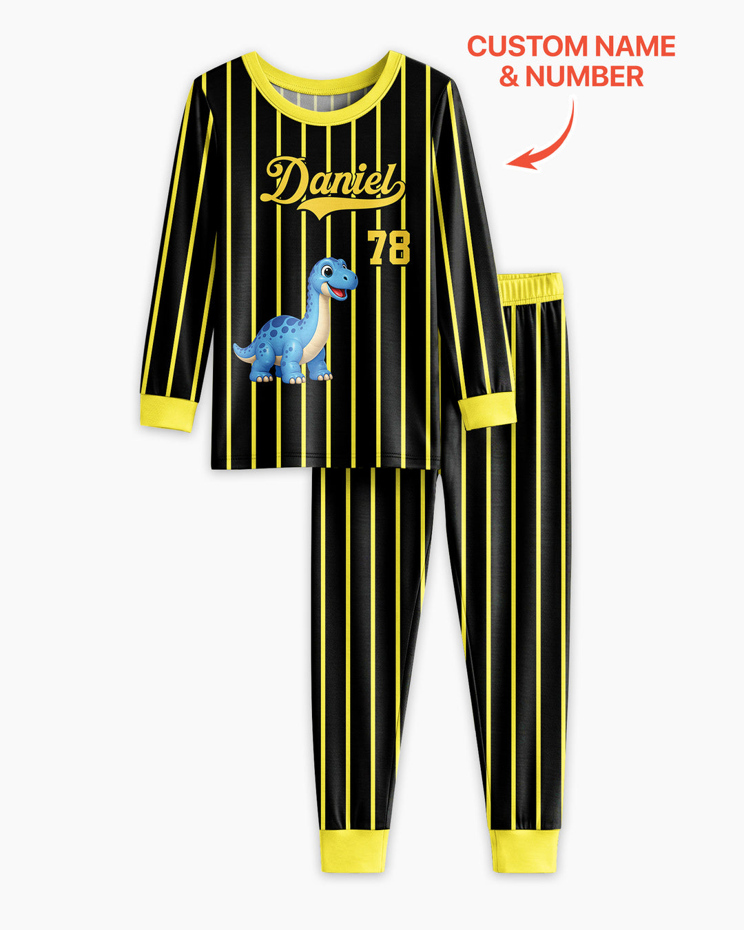 Personalized Retro Stripe Dinosaur T-Rex Bamboo Two Piece Long Sleeve Pajama Set