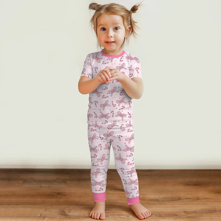 Pink Candy Bows Two Piece Short Sleeve Pajama Set