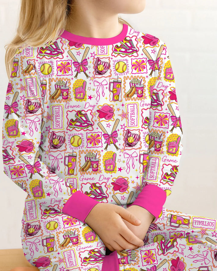 Pink Softball Game Day Bamboo Two Piece Long Sleeve Pajama Set