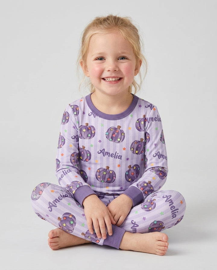 Colorful Star Pumpkin Custom Name Bamboo Two Piece Long Sleeve Pajama Set
