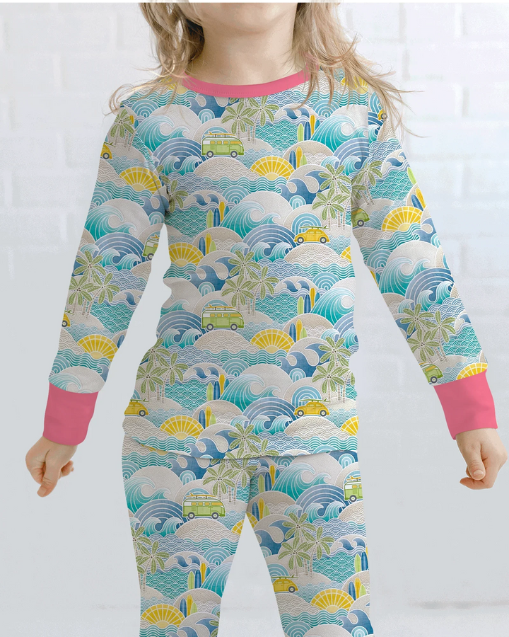 Conjunto de pijama de dos piezas de manga larga de bambú con olas y olas para viaje por la costa
