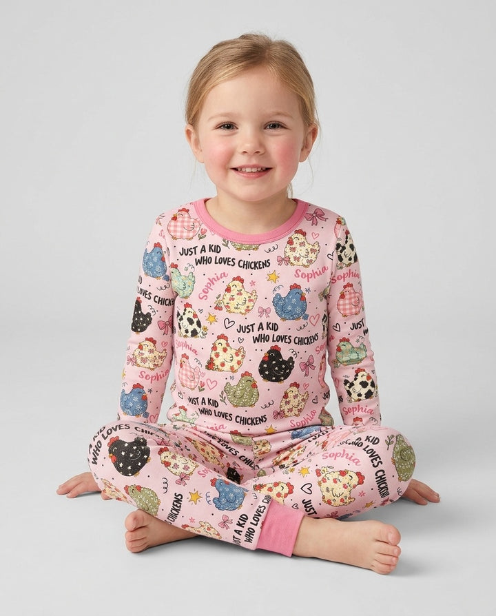 Custom Name Just A Kid Who Loves Chickens Bamboo Two Piece Long Sleeve Pajama Set