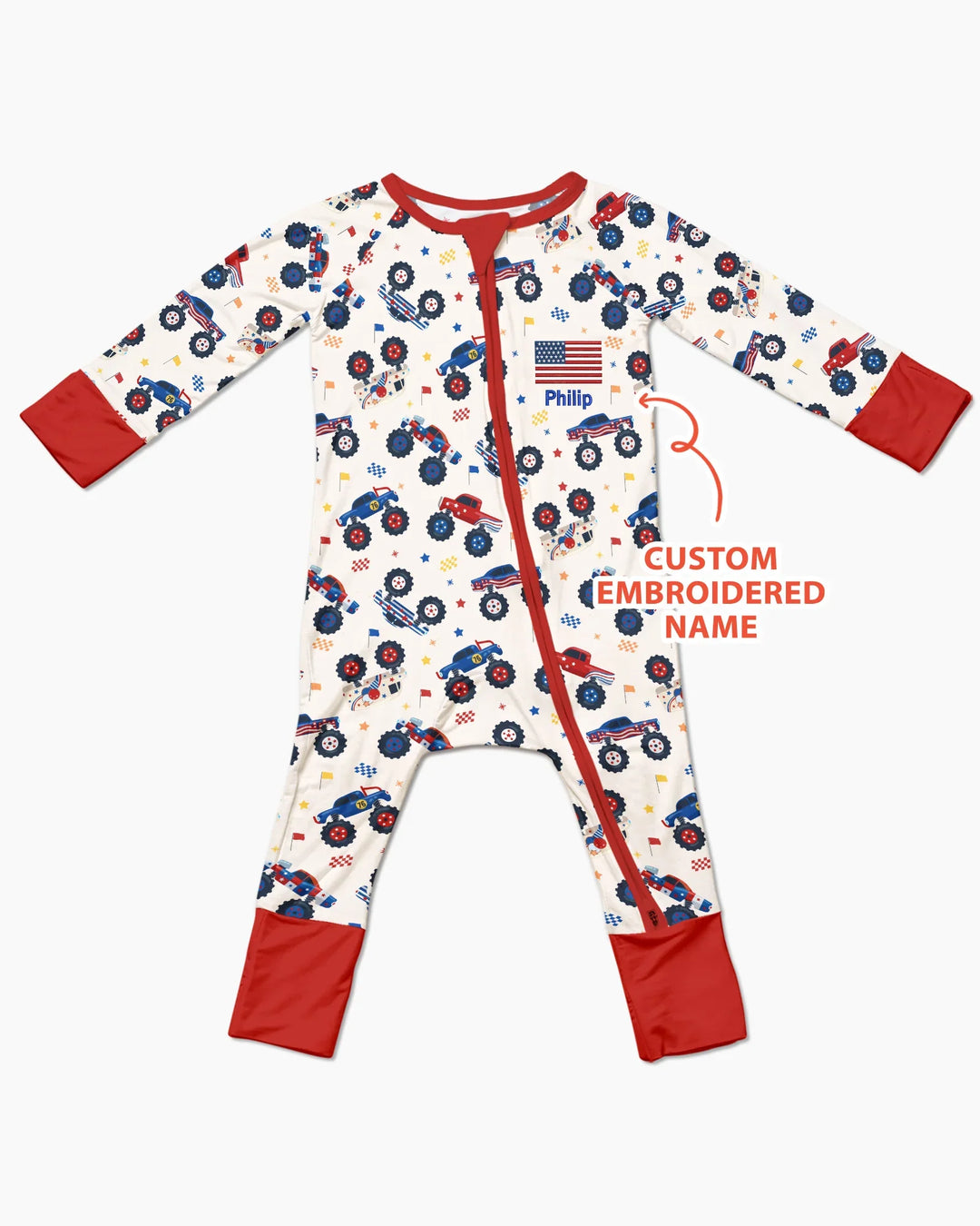 Custom Name Embroidered Red White & Truck Bamboo Convertible Zippy