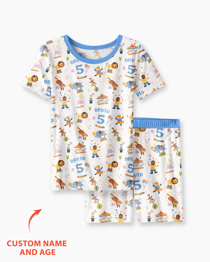 Custom Name Birthday Circus Bamboo Two Piece Short Sleeve Shorts Pajama Set