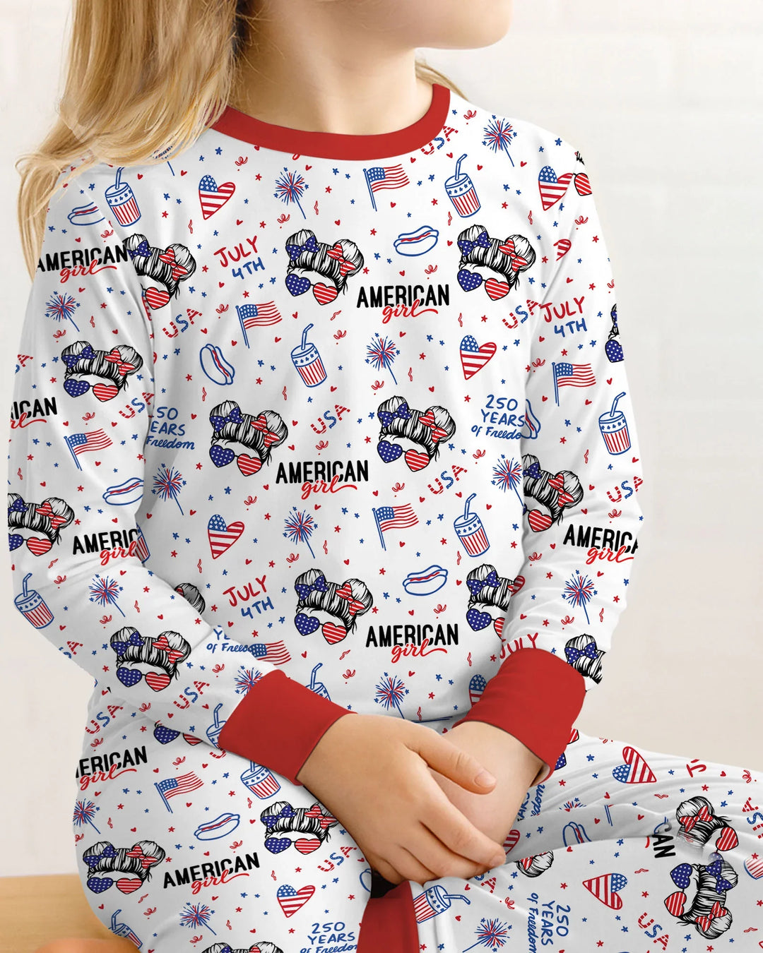 Doodle American Flag Glasses Family Matching Bamboo Two Piece Long Sleeve Pajama Set